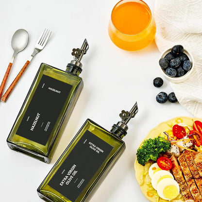 Olive Oil Dispenser Bottle for Kitchen, 16.9oz /500ml Cooking Vinegar Dispenser Bottle Set, Glass Sauce Container, Labels, Brush, Funnel, Stoppers, Green for Oil, Wine