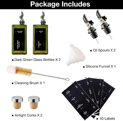Olive Oil Dispenser Bottle for Kitchen, 16.9oz /500ml Cooking Vinegar Dispenser Bottle Set, Glass Sauce Container, Labels, Brush, Funnel, Stoppers, Green for Oil, Wine