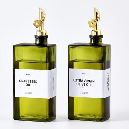 Olive Oil Dispenser Bottle for Kitchen, 16.9oz /500ml Cooking Vinegar Dispenser Bottle Set, Glass Sauce Container, Labels, Brush, Funnel, Stoppers, Green for Oil, Wine