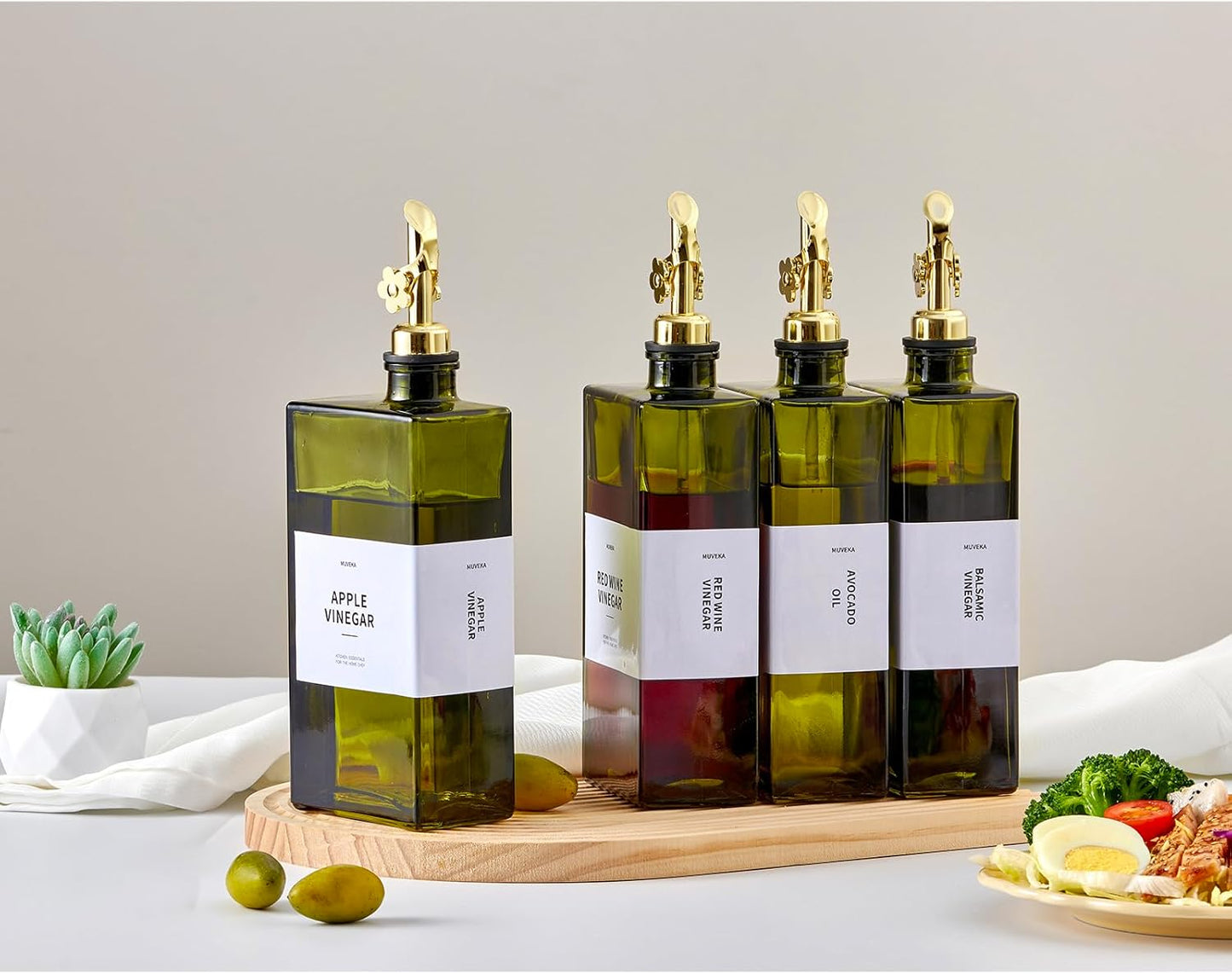 Olive Oil Dispenser Bottle for Kitchen, 16.9oz /500ml Cooking Vinegar Dispenser Bottle Set, Glass Sauce Container, Labels, Brush, Funnel, Stoppers, Green for Oil, Wine