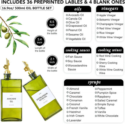 Olive Oil Dispenser Bottle for Kitchen, 16.9oz /500ml Cooking Vinegar Dispenser Bottle Set, Glass Sauce Container, Labels, Brush, Funnel, Stoppers, Green for Oil, Wine