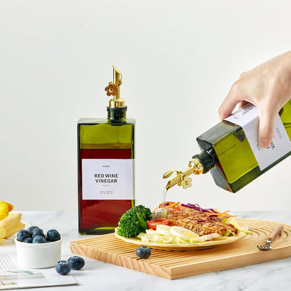 Olive Oil Dispenser Bottle for Kitchen, 16.9oz /500ml Cooking Vinegar Dispenser Bottle Set, Glass Sauce Container, Labels, Brush, Funnel, Stoppers, Green for Oil, Wine