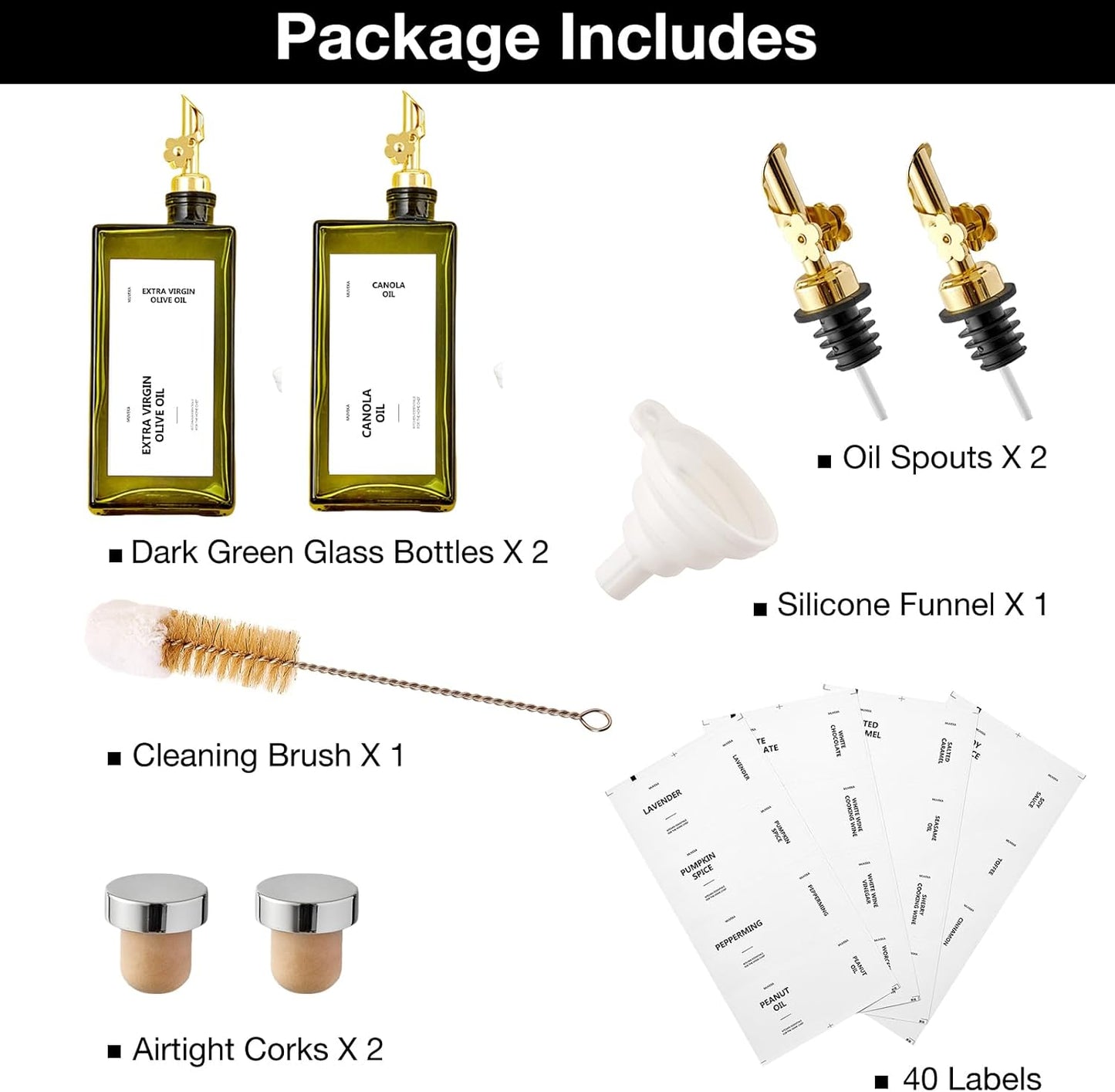 Olive Oil Dispenser Bottle for Kitchen, 16.9oz /500ml Cooking Vinegar Dispenser Bottle Set, Glass Sauce Container, Labels, Brush, Funnel, Stoppers, Green for Oil, Wine