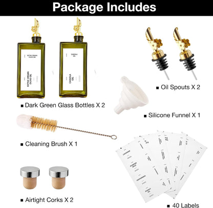 Olive Oil Dispenser Bottle for Kitchen, 16.9oz /500ml Cooking Vinegar Dispenser Bottle Set, Glass Sauce Container, Labels, Brush, Funnel, Stoppers, Green for Oil, Wine
