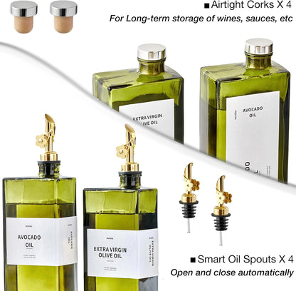 Olive Oil Dispenser Bottle for Kitchen, 16.9oz /500ml Cooking Vinegar Dispenser Bottle Set, Glass Sauce Container, Labels, Brush, Funnel, Stoppers, Green for Oil, Wine