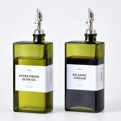 Olive Oil Dispenser Bottle for Kitchen, 16.9oz /500ml Cooking Vinegar Dispenser Bottle Set, Glass Sauce Container, Labels, Brush, Funnel, Stoppers, Green for Oil, Wine