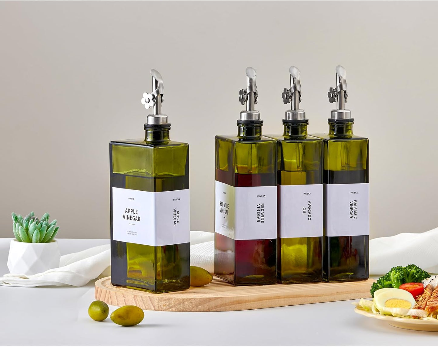 Olive Oil Dispenser Bottle for Kitchen, 16.9oz /500ml Cooking Vinegar Dispenser Bottle Set, Glass Sauce Container, Labels, Brush, Funnel, Stoppers, Green for Oil, Wine