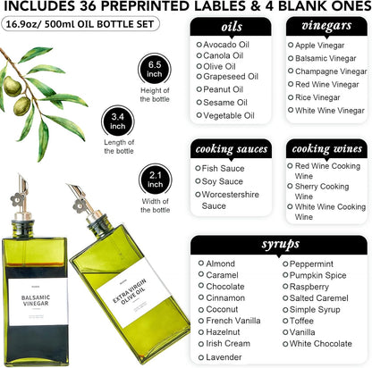 Olive Oil Dispenser Bottle for Kitchen, 16.9oz /500ml Cooking Vinegar Dispenser Bottle Set, Glass Sauce Container, Labels, Brush, Funnel, Stoppers, Green for Oil, Wine