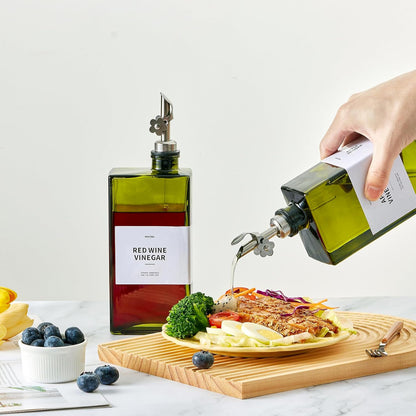 Olive Oil Dispenser Bottle for Kitchen, 16.9oz /500ml Cooking Vinegar Dispenser Bottle Set, Glass Sauce Container, Labels, Brush, Funnel, Stoppers, Green for Oil, Wine