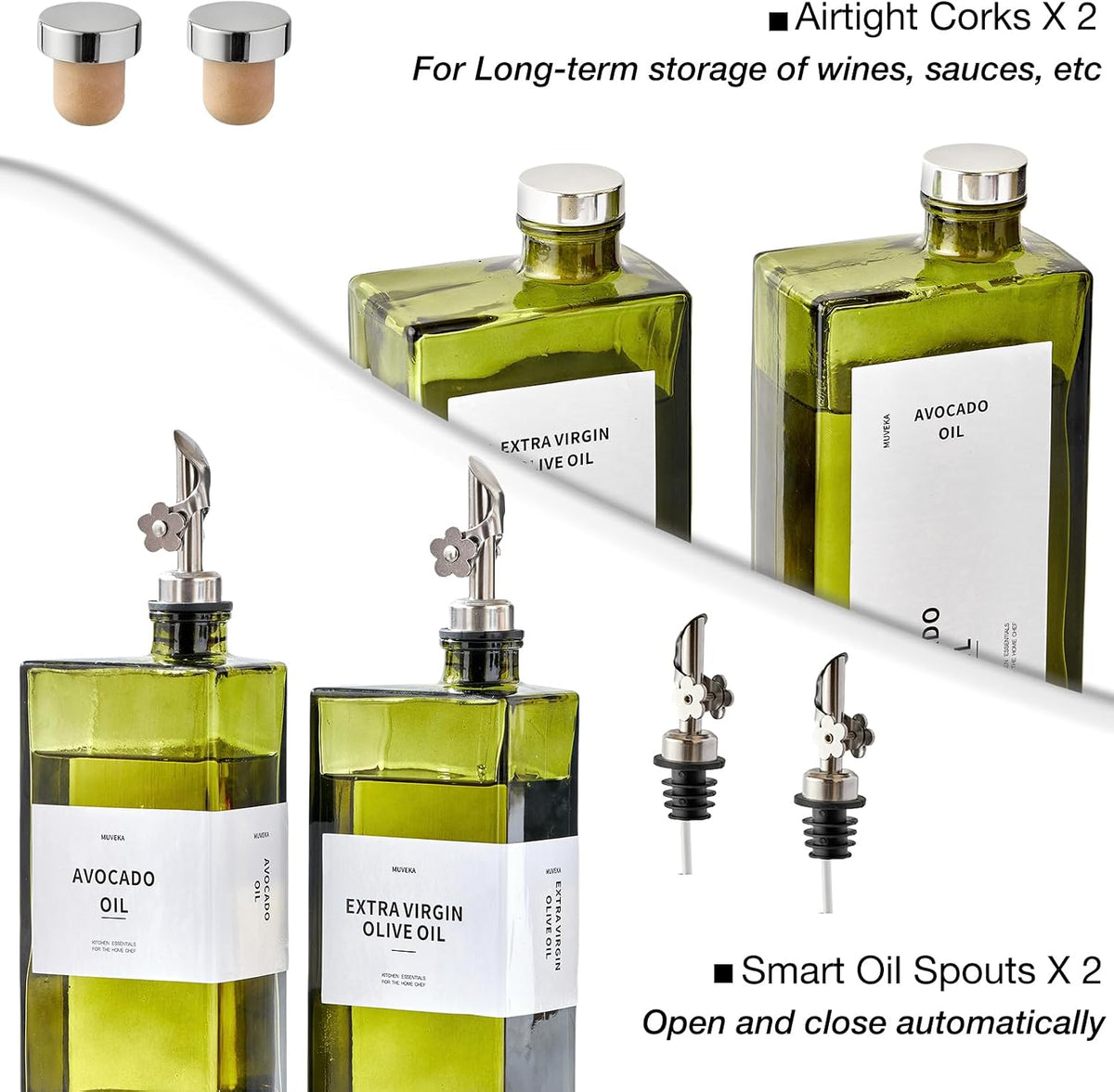 Olive Oil Dispenser Bottle for Kitchen, 16.9oz /500ml Cooking Vinegar Dispenser Bottle Set, Glass Sauce Container, Labels, Brush, Funnel, Stoppers, Green for Oil, Wine