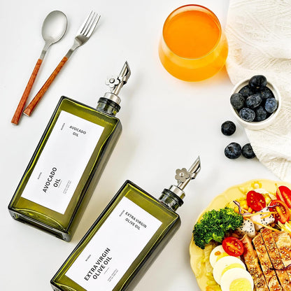 Olive Oil Dispenser Bottle for Kitchen, 16.9oz /500ml Cooking Vinegar Dispenser Bottle Set, Glass Sauce Container, Labels, Brush, Funnel, Stoppers, Green for Oil, Wine