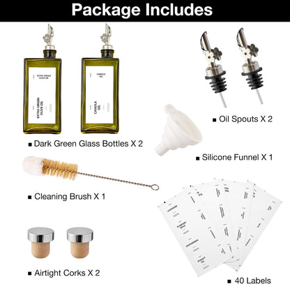 Olive Oil Dispenser Bottle for Kitchen, 16.9oz /500ml Cooking Vinegar Dispenser Bottle Set, Glass Sauce Container, Labels, Brush, Funnel, Stoppers, Green for Oil, Wine