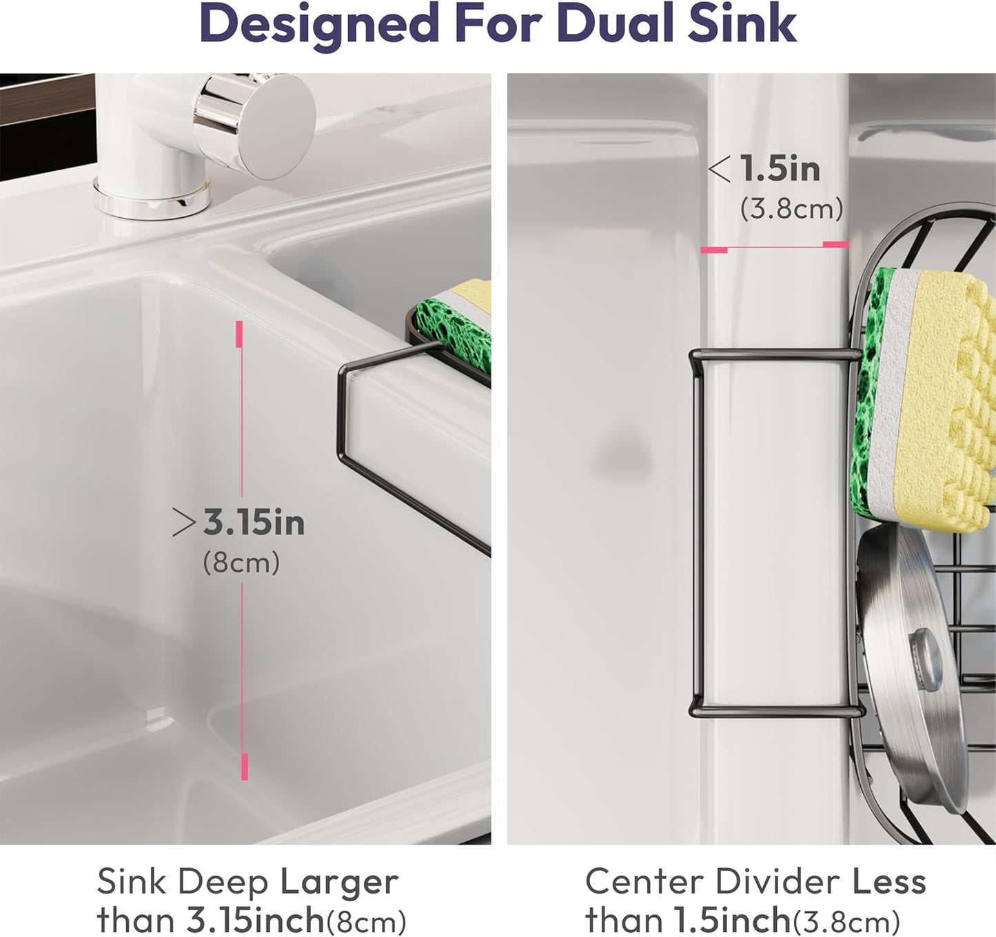 SWTYMIKI Sponge Holder for Kitchen Sink - Movable Kitchen Sink Caddy with M Shape Hook, Stainless Steel Hanging Sponges Caddy Organizer in Double Bowl Sinks Depth>3.15in, Middle Divider<1.5in, Black