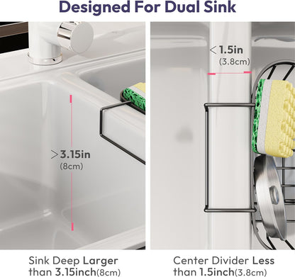 SWTYMIKI Sponge Holder for Kitchen Sink - Movable Kitchen Sink Caddy with M Shape Hook, Stainless Steel Hanging Sponges Caddy Organizer in Double Bowl Sinks Depth>3.15in, Middle Divider<1.5in, Black