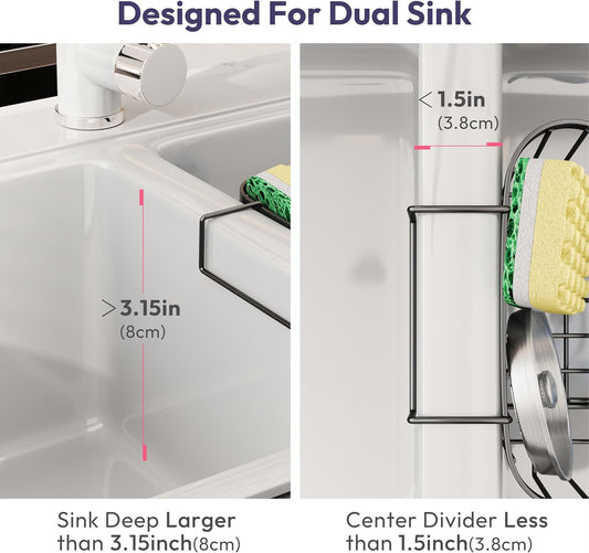 SWTYMIKI Sponge Holder for Kitchen Sink - Movable Kitchen Sink Caddy with M Shape Hook, Stainless Steel Hanging Sponges Caddy Organizer in Double Bowl Sinks Depth>3.15in, Middle Divider<1.5in, Black