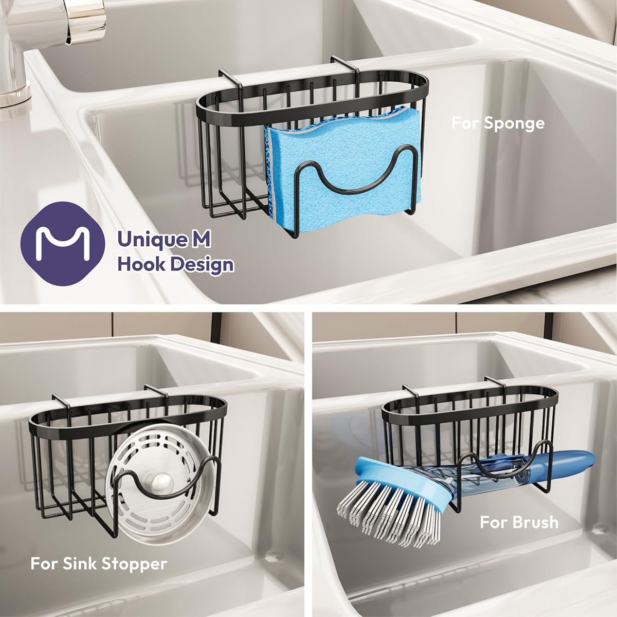 SWTYMIKI Sponge Holder for Kitchen Sink - Movable Kitchen Sink Caddy with M Shape Hook, Stainless Steel Hanging Sponges Caddy Organizer in Double Bowl Sinks Depth>3.15in, Middle Divider<1.5in, Black