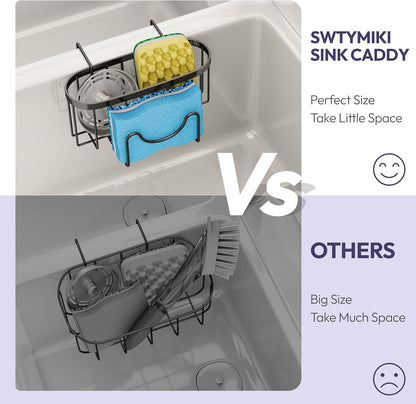 SWTYMIKI Sponge Holder for Kitchen Sink - Movable Kitchen Sink Caddy with M Shape Hook, Stainless Steel Hanging Sponges Caddy Organizer in Double Bowl Sinks Depth>3.15in, Middle Divider<1.5in, Black