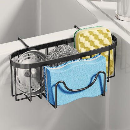SWTYMIKI Sponge Holder for Kitchen Sink - Movable Kitchen Sink Caddy with M Shape Hook, Stainless Steel Hanging Sponges Caddy Organizer in Double Bowl Sinks Depth>3.15in, Middle Divider<1.5in, Black