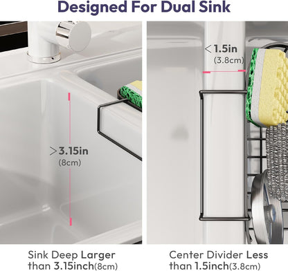 SWTYMIKI Sponge Holder for Kitchen Sink - Movable Kitchen Sink Caddy with M Shape Hook, Stainless Steel Hanging Sponges Caddy Organizer in Double Bowl Sinks Depth>3.15in, Middle Divider<1.5in, Black