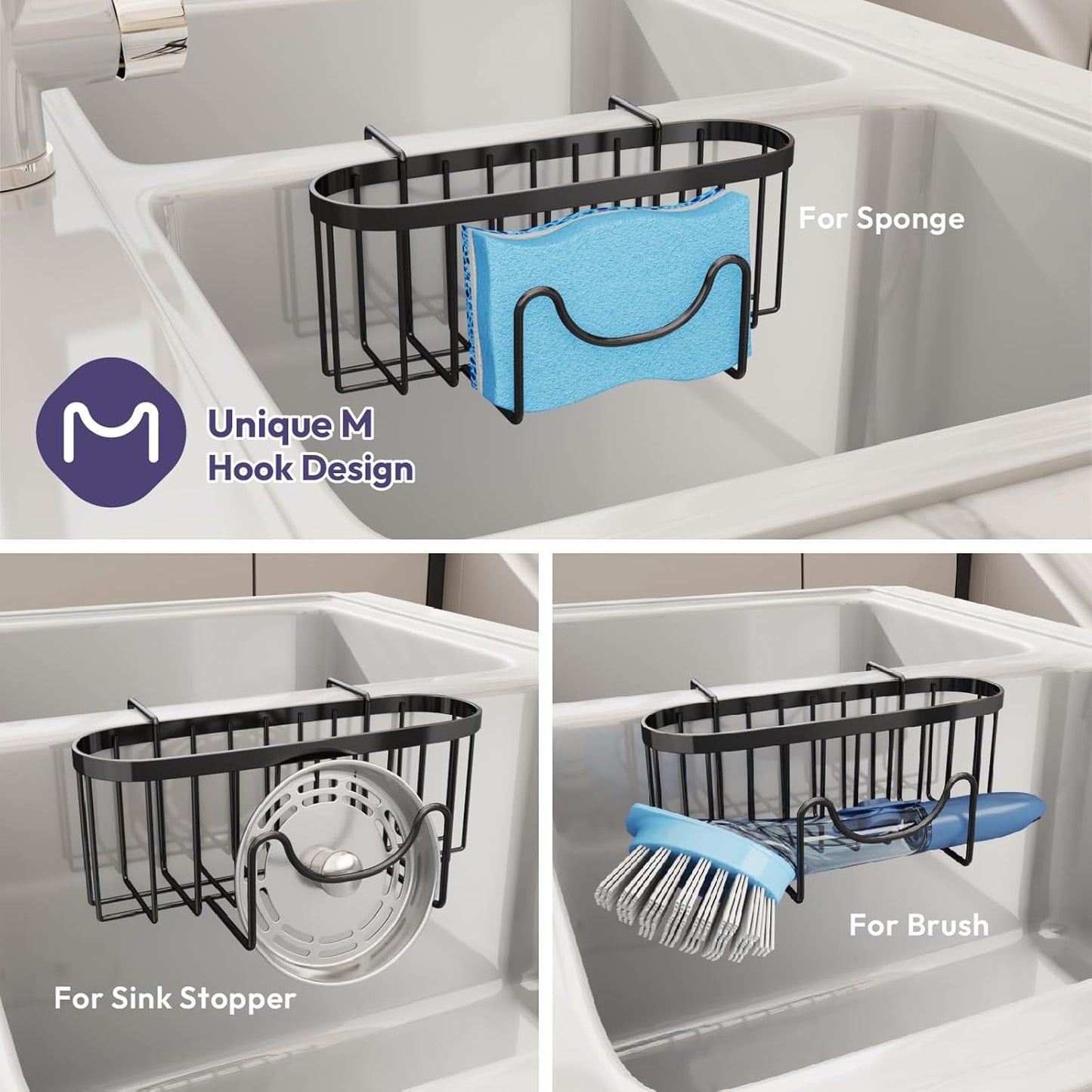 SWTYMIKI Sponge Holder for Kitchen Sink - Movable Kitchen Sink Caddy with M Shape Hook, Stainless Steel Hanging Sponges Caddy Organizer in Double Bowl Sinks Depth>3.15in, Middle Divider<1.5in, Black