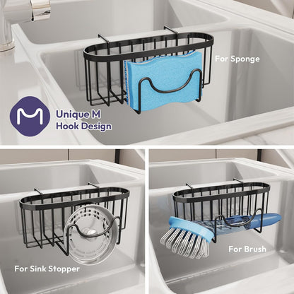 SWTYMIKI Sponge Holder for Kitchen Sink - Movable Kitchen Sink Caddy with M Shape Hook, Stainless Steel Hanging Sponges Caddy Organizer in Double Bowl Sinks Depth>3.15in, Middle Divider<1.5in, Black
