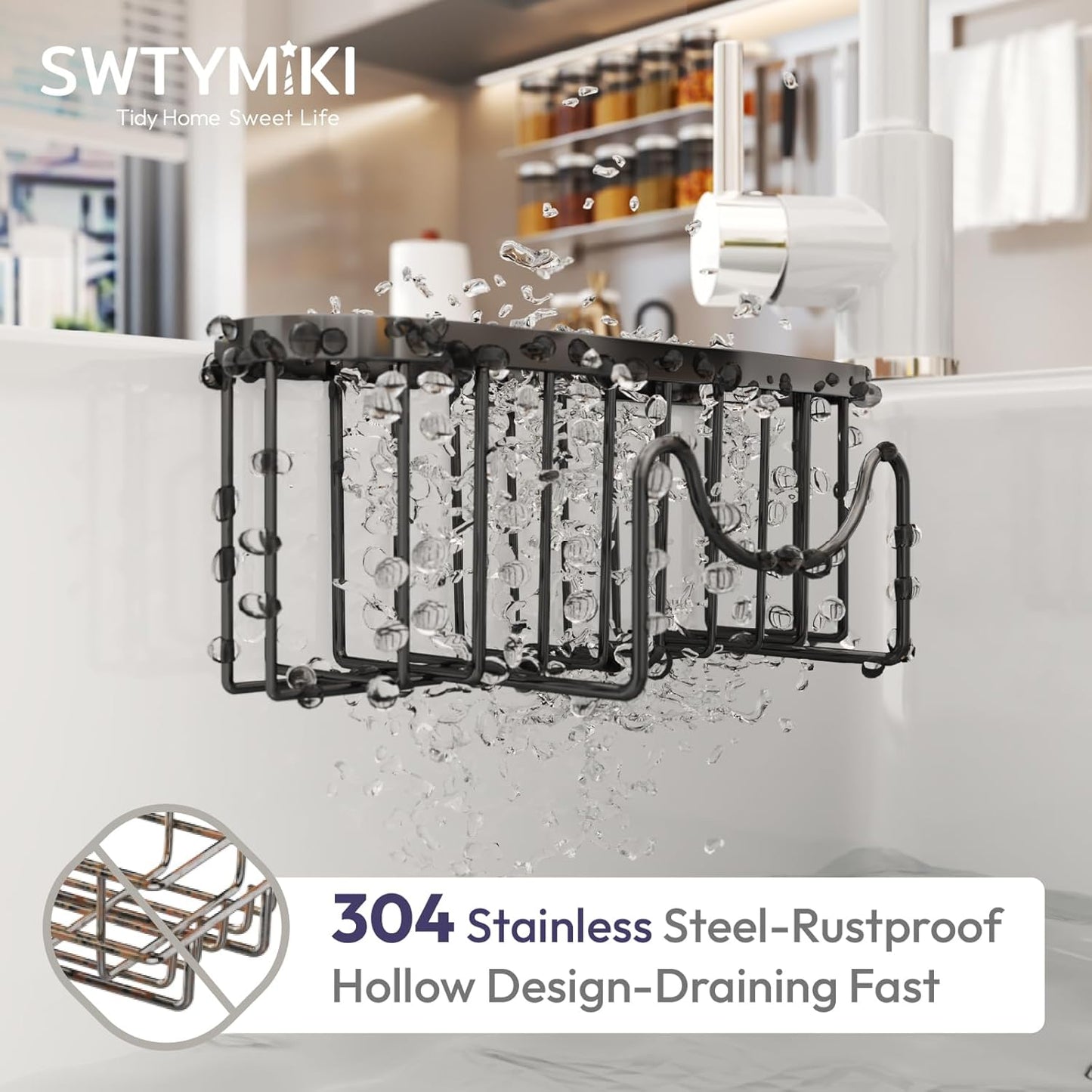 SWTYMIKI Sponge Holder for Kitchen Sink - Movable Kitchen Sink Caddy with M Shape Hook, Stainless Steel Hanging Sponges Caddy Organizer in Double Bowl Sinks Depth>3.15in, Middle Divider<1.5in, Black