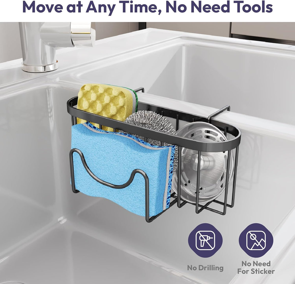 SWTYMIKI Sponge Holder for Kitchen Sink - Movable Kitchen Sink Caddy with M Shape Hook, Stainless Steel Hanging Sponges Caddy Organizer in Double Bowl Sinks Depth>3.15in, Middle Divider<1.5in, Black