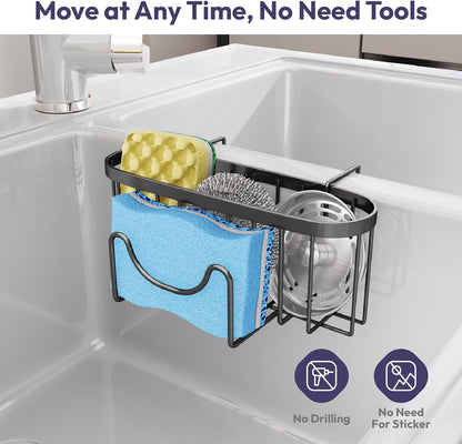 SWTYMIKI Sponge Holder for Kitchen Sink - Movable Kitchen Sink Caddy with M Shape Hook, Stainless Steel Hanging Sponges Caddy Organizer in Double Bowl Sinks Depth>3.15in, Middle Divider<1.5in, Black