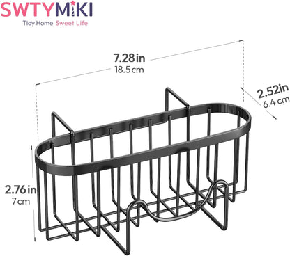 SWTYMIKI Sponge Holder for Kitchen Sink - Movable Kitchen Sink Caddy with M Shape Hook, Stainless Steel Hanging Sponges Caddy Organizer in Double Bowl Sinks Depth>3.15in, Middle Divider<1.5in, Black