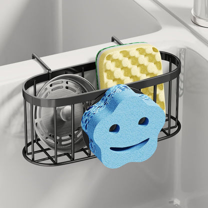 SWTYMIKI Sponge Holder for Kitchen Sink - Movable Kitchen Sink Caddy with M Shape Hook, Stainless Steel Hanging Sponges Caddy Organizer in Double Bowl Sinks Depth>3.15in, Middle Divider<1.5in, Black
