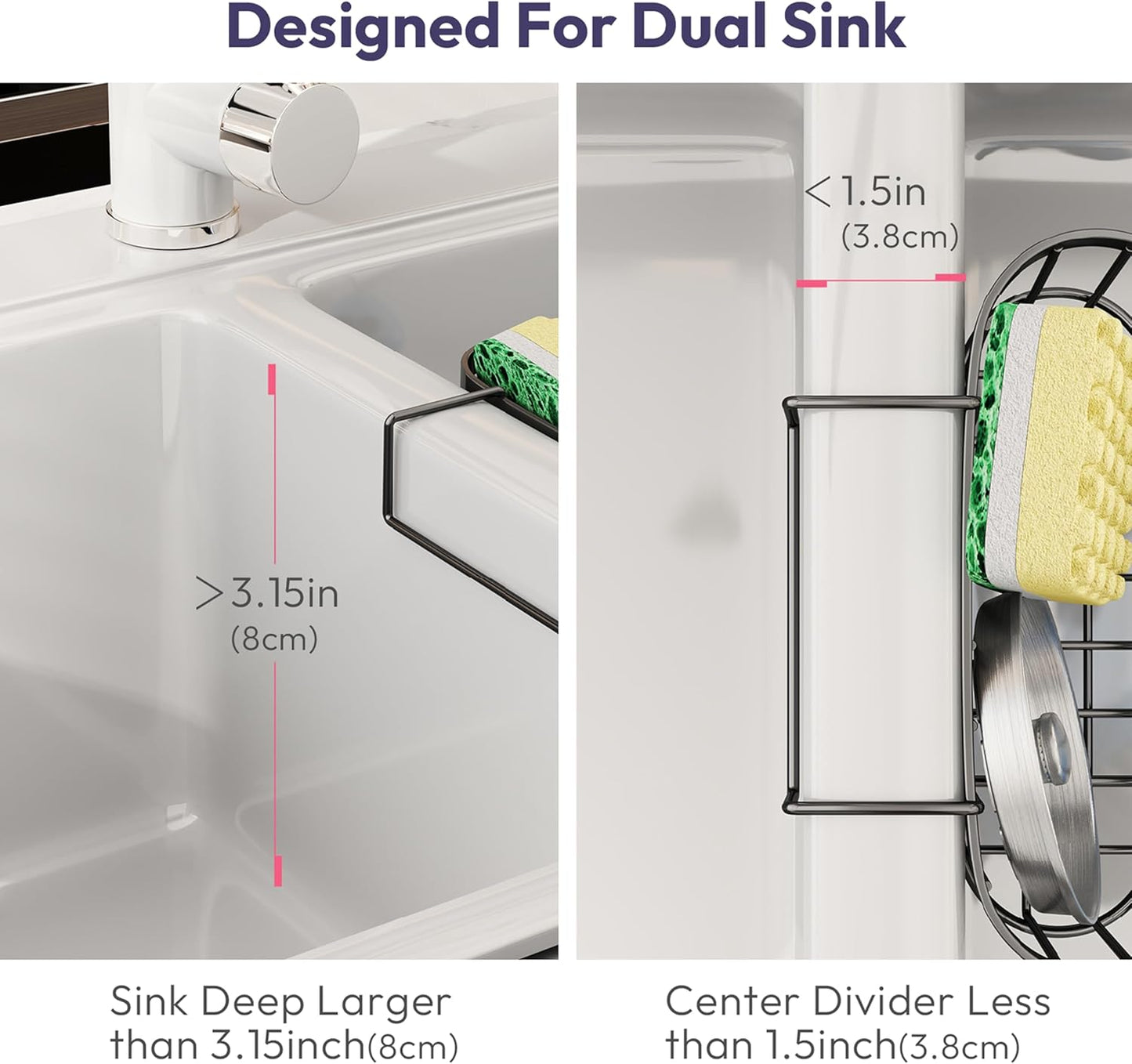 SWTYMIKI Sponge Holder for Kitchen Sink - Movable Kitchen Sink Caddy with M Shape Hook, Stainless Steel Hanging Sponges Caddy Organizer in Double Bowl Sinks Depth>3.15in, Middle Divider<1.5in, Black