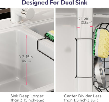 SWTYMIKI Sponge Holder for Kitchen Sink - Movable Kitchen Sink Caddy with M Shape Hook, Stainless Steel Hanging Sponges Caddy Organizer in Double Bowl Sinks Depth>3.15in, Middle Divider<1.5in, Black