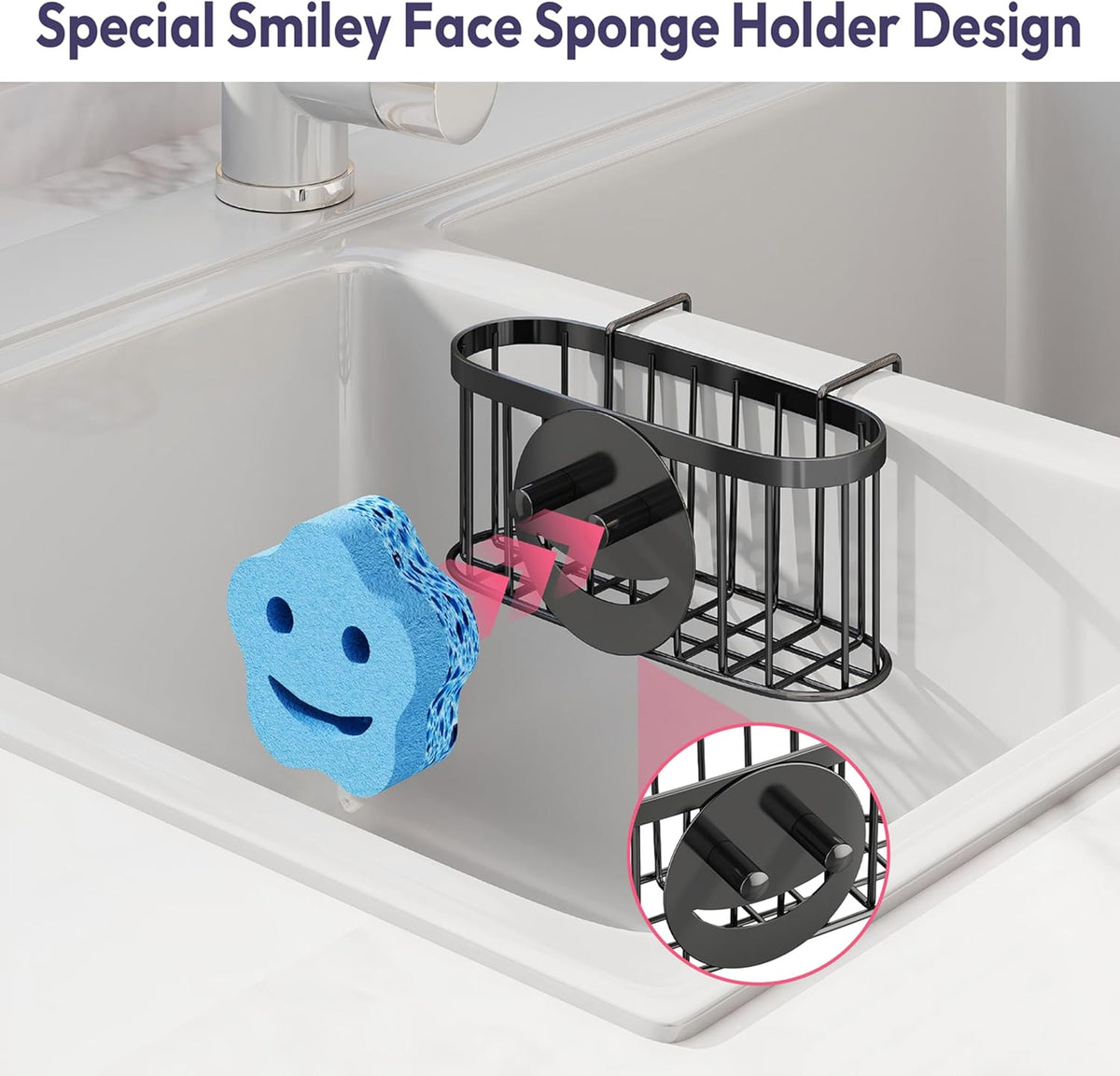 SWTYMIKI Sponge Holder for Kitchen Sink - Movable Kitchen Sink Caddy with M Shape Hook, Stainless Steel Hanging Sponges Caddy Organizer in Double Bowl Sinks Depth>3.15in, Middle Divider<1.5in, Black