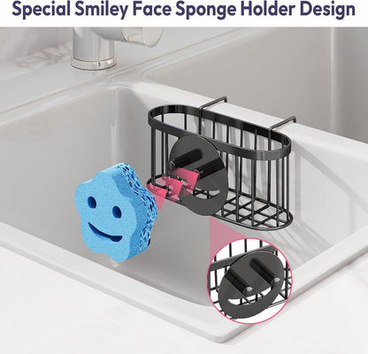 SWTYMIKI Sponge Holder for Kitchen Sink - Movable Kitchen Sink Caddy with M Shape Hook, Stainless Steel Hanging Sponges Caddy Organizer in Double Bowl Sinks Depth>3.15in, Middle Divider<1.5in, Black