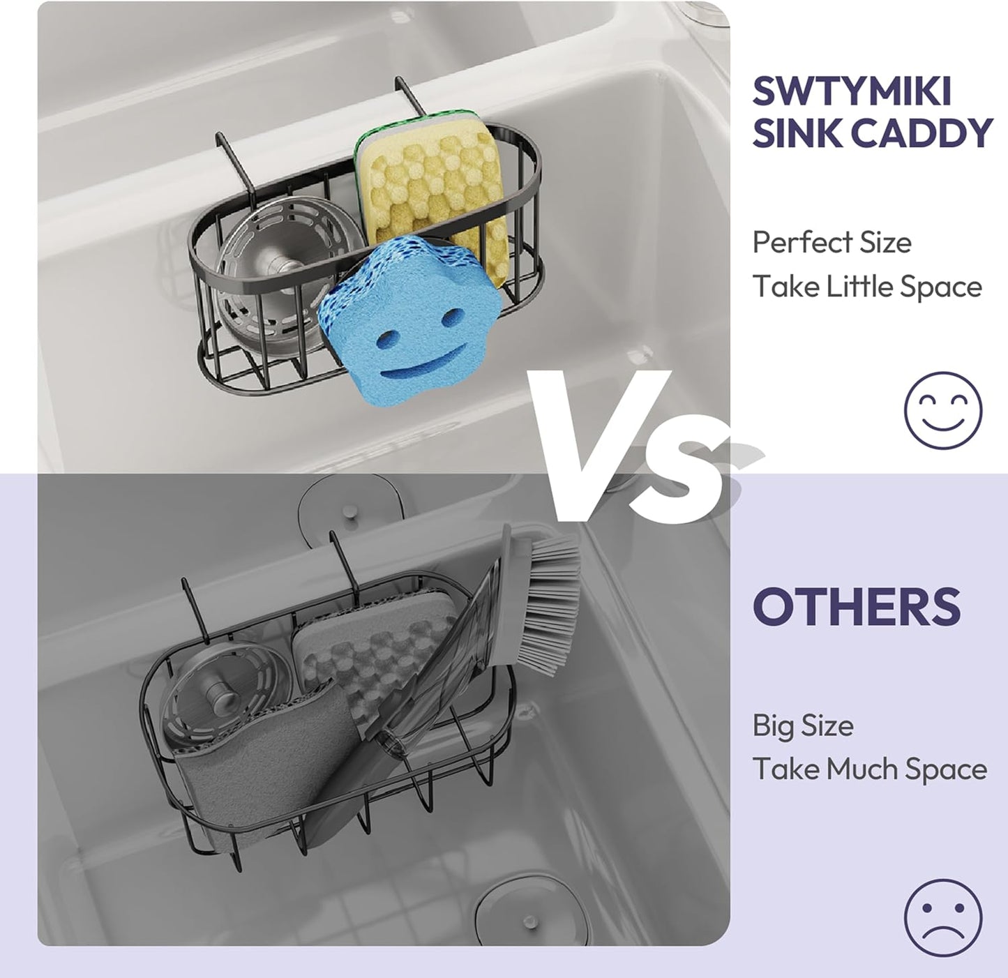 SWTYMIKI Sponge Holder for Kitchen Sink - Movable Kitchen Sink Caddy with M Shape Hook, Stainless Steel Hanging Sponges Caddy Organizer in Double Bowl Sinks Depth>3.15in, Middle Divider<1.5in, Black