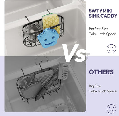 SWTYMIKI Sponge Holder for Kitchen Sink - Movable Kitchen Sink Caddy with M Shape Hook, Stainless Steel Hanging Sponges Caddy Organizer in Double Bowl Sinks Depth>3.15in, Middle Divider<1.5in, Black
