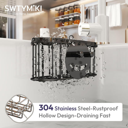 SWTYMIKI Sponge Holder for Kitchen Sink - Movable Kitchen Sink Caddy with M Shape Hook, Stainless Steel Hanging Sponges Caddy Organizer in Double Bowl Sinks Depth>3.15in, Middle Divider<1.5in, Black