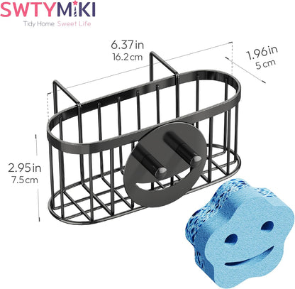 SWTYMIKI Sponge Holder for Kitchen Sink - Movable Kitchen Sink Caddy with M Shape Hook, Stainless Steel Hanging Sponges Caddy Organizer in Double Bowl Sinks Depth>3.15in, Middle Divider<1.5in, Black