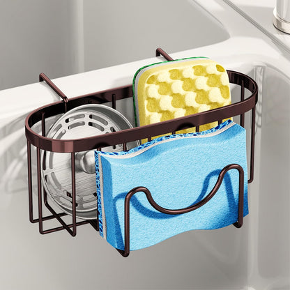 SWTYMIKI Sponge Holder for Kitchen Sink - Movable Kitchen Sink Caddy with M Shape Hook, Stainless Steel Hanging Sponges Caddy Organizer in Double Bowl Sinks Depth>3.15in, Middle Divider<1.5in, Black