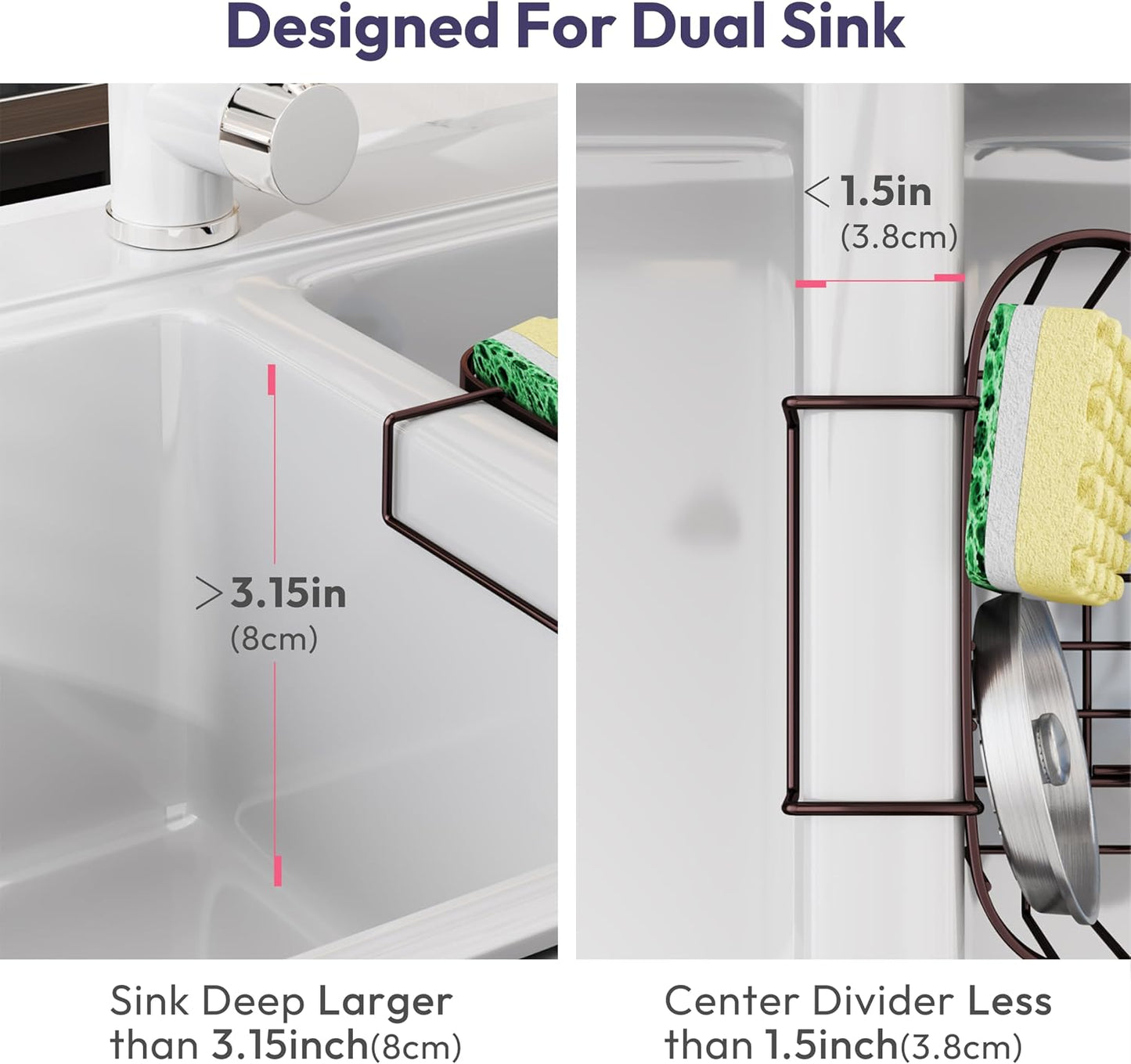 SWTYMIKI Sponge Holder for Kitchen Sink - Movable Kitchen Sink Caddy with M Shape Hook, Stainless Steel Hanging Sponges Caddy Organizer in Double Bowl Sinks Depth>3.15in, Middle Divider<1.5in, Black