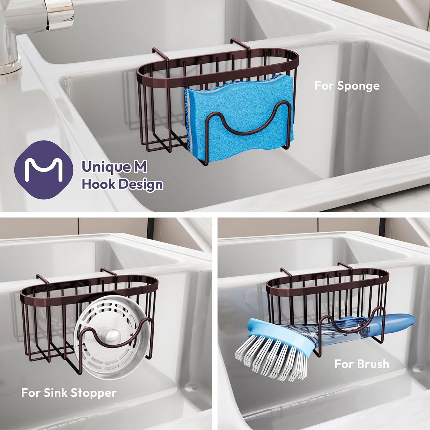 SWTYMIKI Sponge Holder for Kitchen Sink - Movable Kitchen Sink Caddy with M Shape Hook, Stainless Steel Hanging Sponges Caddy Organizer in Double Bowl Sinks Depth>3.15in, Middle Divider<1.5in, Black