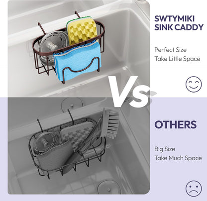 SWTYMIKI Sponge Holder for Kitchen Sink - Movable Kitchen Sink Caddy with M Shape Hook, Stainless Steel Hanging Sponges Caddy Organizer in Double Bowl Sinks Depth>3.15in, Middle Divider<1.5in, Black