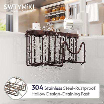 SWTYMIKI Sponge Holder for Kitchen Sink - Movable Kitchen Sink Caddy with M Shape Hook, Stainless Steel Hanging Sponges Caddy Organizer in Double Bowl Sinks Depth>3.15in, Middle Divider<1.5in, Black