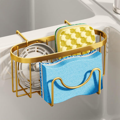 SWTYMIKI Sponge Holder for Kitchen Sink - Movable Kitchen Sink Caddy with M Shape Hook, Stainless Steel Hanging Sponges Caddy Organizer in Double Bowl Sinks Depth>3.15in, Middle Divider<1.5in, Black