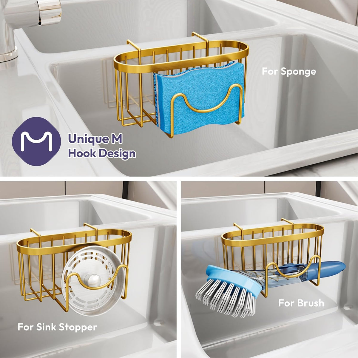 SWTYMIKI Sponge Holder for Kitchen Sink - Movable Kitchen Sink Caddy with M Shape Hook, Stainless Steel Hanging Sponges Caddy Organizer in Double Bowl Sinks Depth>3.15in, Middle Divider<1.5in, Black