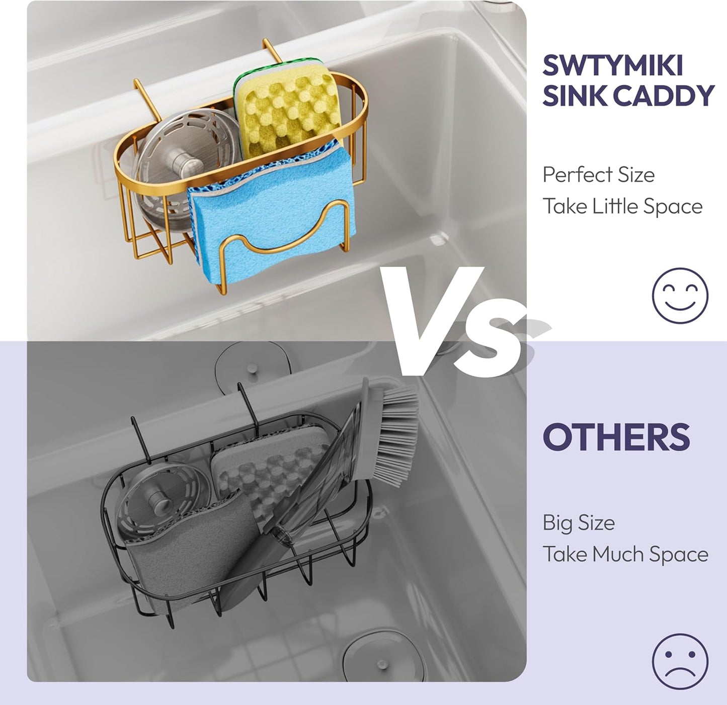 SWTYMIKI Sponge Holder for Kitchen Sink - Movable Kitchen Sink Caddy with M Shape Hook, Stainless Steel Hanging Sponges Caddy Organizer in Double Bowl Sinks Depth>3.15in, Middle Divider<1.5in, Black