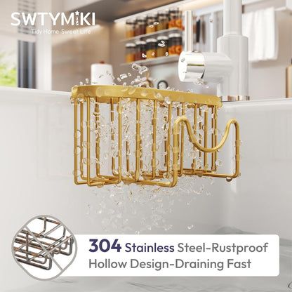 SWTYMIKI Sponge Holder for Kitchen Sink - Movable Kitchen Sink Caddy with M Shape Hook, Stainless Steel Hanging Sponges Caddy Organizer in Double Bowl Sinks Depth>3.15in, Middle Divider<1.5in, Black