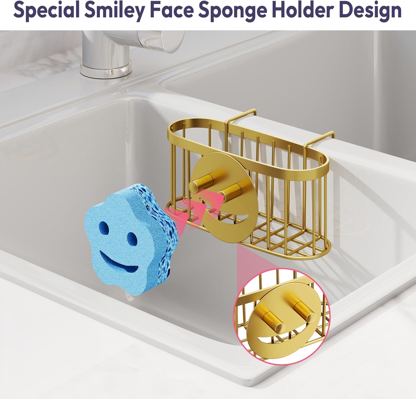SWTYMIKI Sponge Holder for Kitchen Sink - Movable Kitchen Sink Caddy with M Shape Hook, Stainless Steel Hanging Sponges Caddy Organizer in Double Bowl Sinks Depth>3.15in, Middle Divider<1.5in, Black