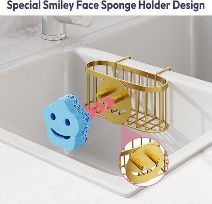SWTYMIKI Sponge Holder for Kitchen Sink - Movable Kitchen Sink Caddy with M Shape Hook, Stainless Steel Hanging Sponges Caddy Organizer in Double Bowl Sinks Depth>3.15in, Middle Divider<1.5in, Black