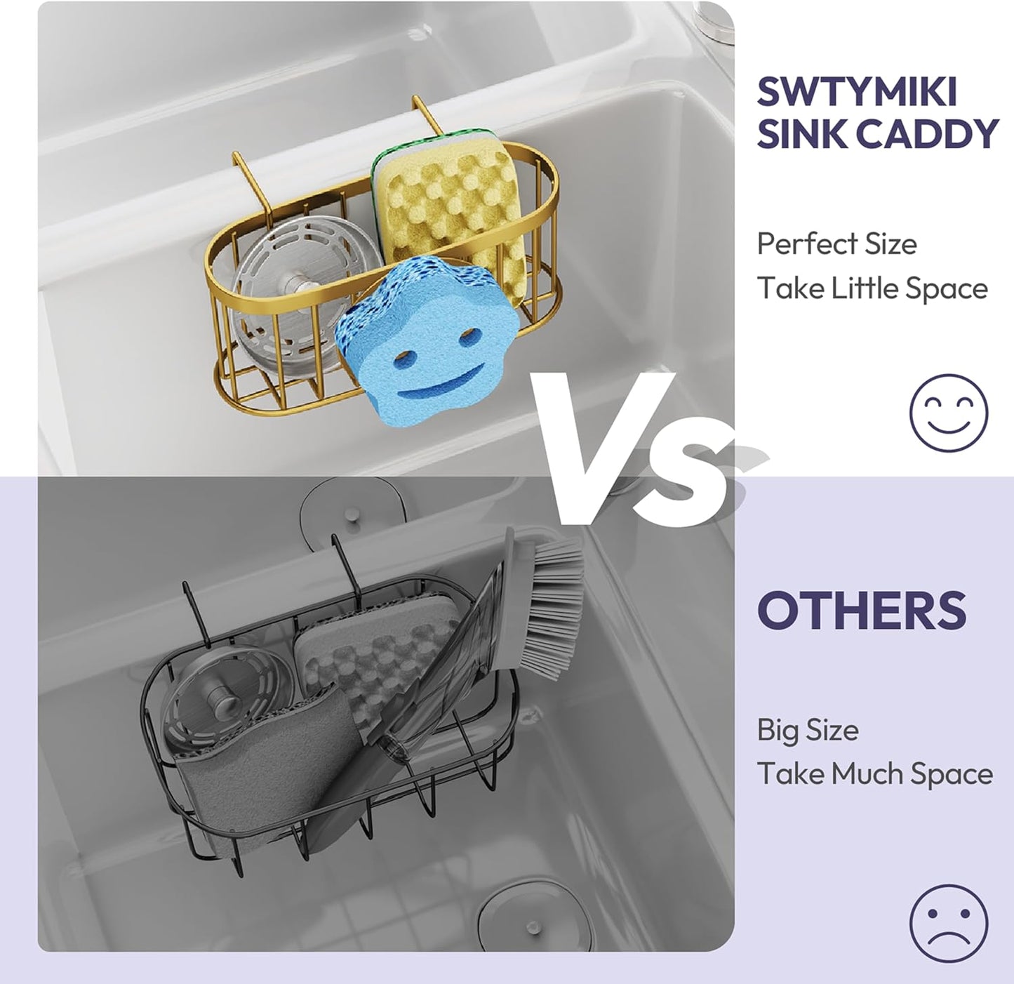 SWTYMIKI Sponge Holder for Kitchen Sink - Movable Kitchen Sink Caddy with M Shape Hook, Stainless Steel Hanging Sponges Caddy Organizer in Double Bowl Sinks Depth>3.15in, Middle Divider<1.5in, Black